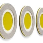 The Dot wall element from HEY-SIGN grouped in bright yellow and grey side view