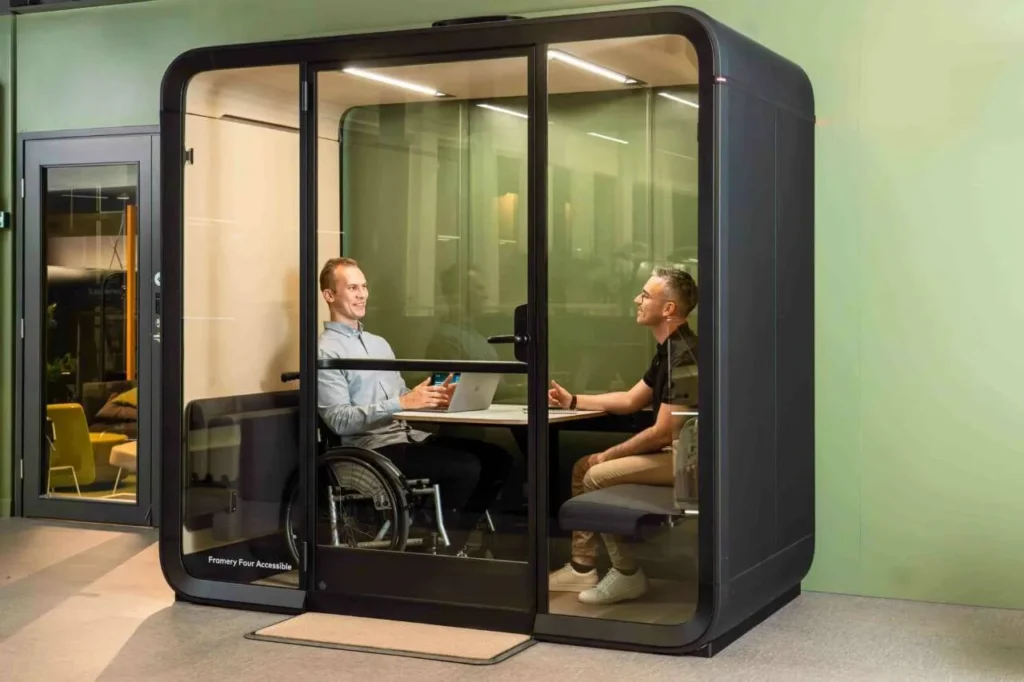 Framery Four Accessible with people inside having a meeting