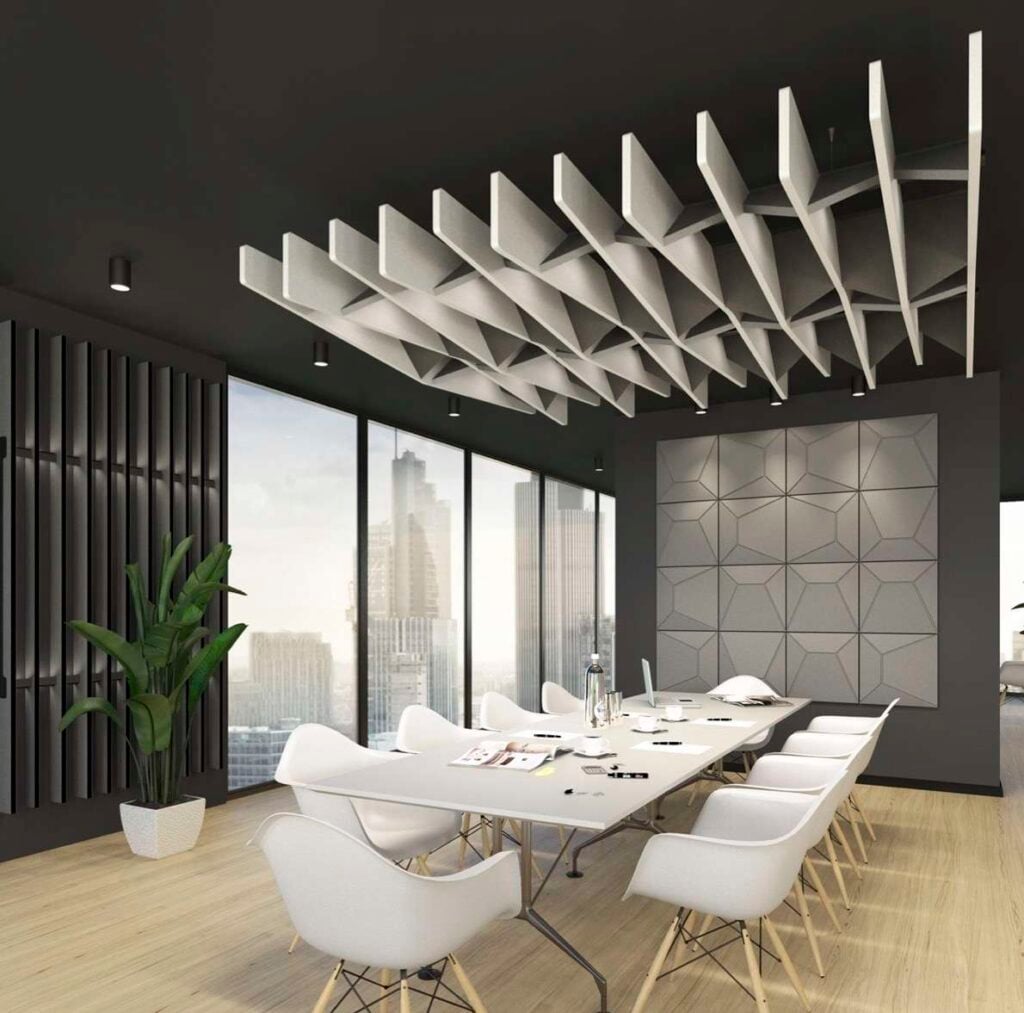 The Opus collection features a series of 8 unique, modular acoustic blades in an boardroom setting