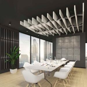 The Opus collection features a series of 8 unique, modular acoustic blades in an boardroom setting